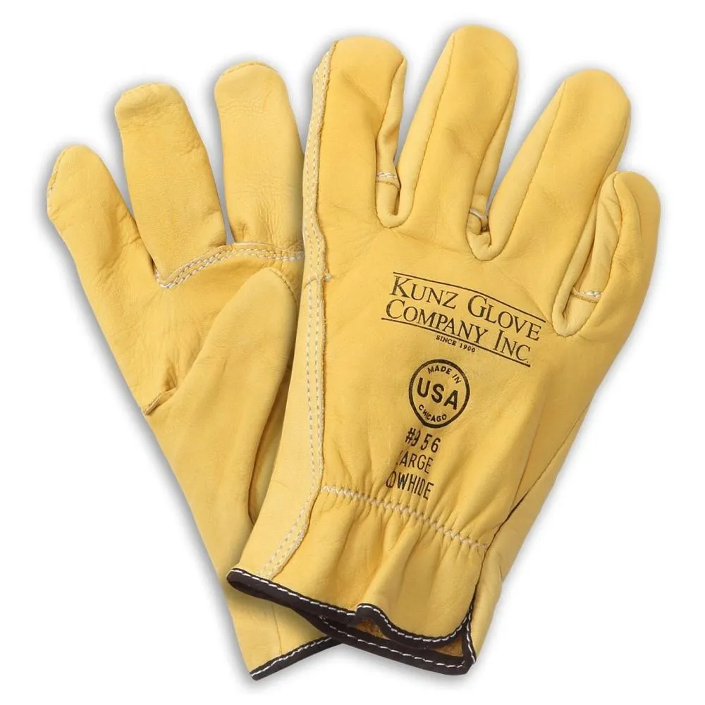 12 Pairs Kunz Cowhide Leather Drivers Glove - Shirred. Arc/Puncture/Cut