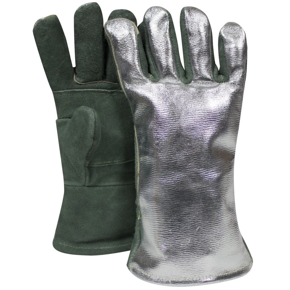 Aluminized Gloves - Leather Back and Palm. 13 In. Long. Wing Thumb. Extra Palm Patch