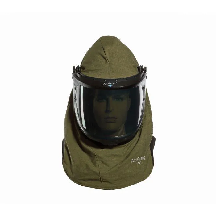 Arc Flash Hood - 40 Cal - Lift Front. Faceshield. Flash Light with Mounting Clip. Slotted Adapter and Hard Hat - National Safety Apparel