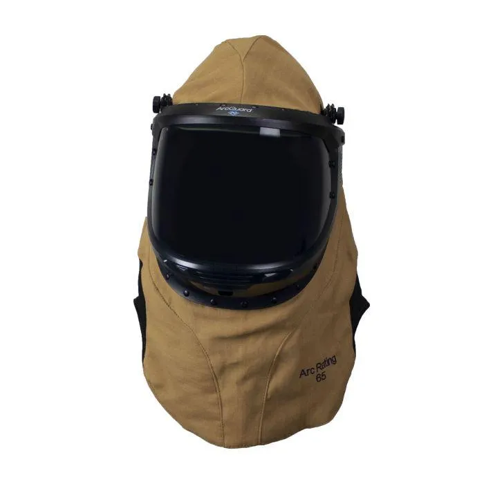 Arc Flash Hood - 65 Cal - Lift Front. Faceshield. Flash Light with Mounting Clip. Slotted Adapter and Hard Hat - National Safety Apparel