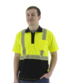Bristol Logo - High Visibility Birdseye Mesh Short Sleeve Polo Shirt - ANSI 2. Reflective Chainsaw Striping. High Vis Yellow