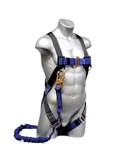 Fall Safety Kit - Safety Harness with 1 Steel D-Ring. 5 or 6 ft. Energy Absorbing Lanyard With Snap Hook - Construction Plus Series Fall Arrest