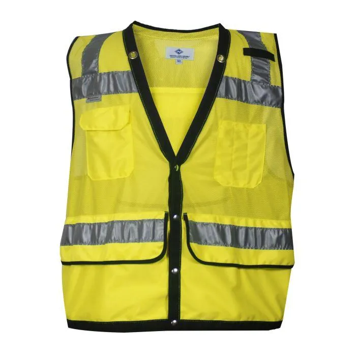 Hi-Vis Construction Survey Vest - Silver Segmented Reflective Trim. Snap Front. Survey Pocket. Type R Class 2