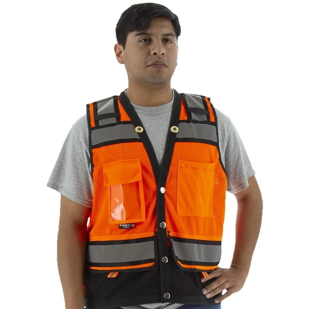 Hi Vis Heavy Duty Surveyor's Mesh Vest - ANSI 2. Type R. Snaps Close