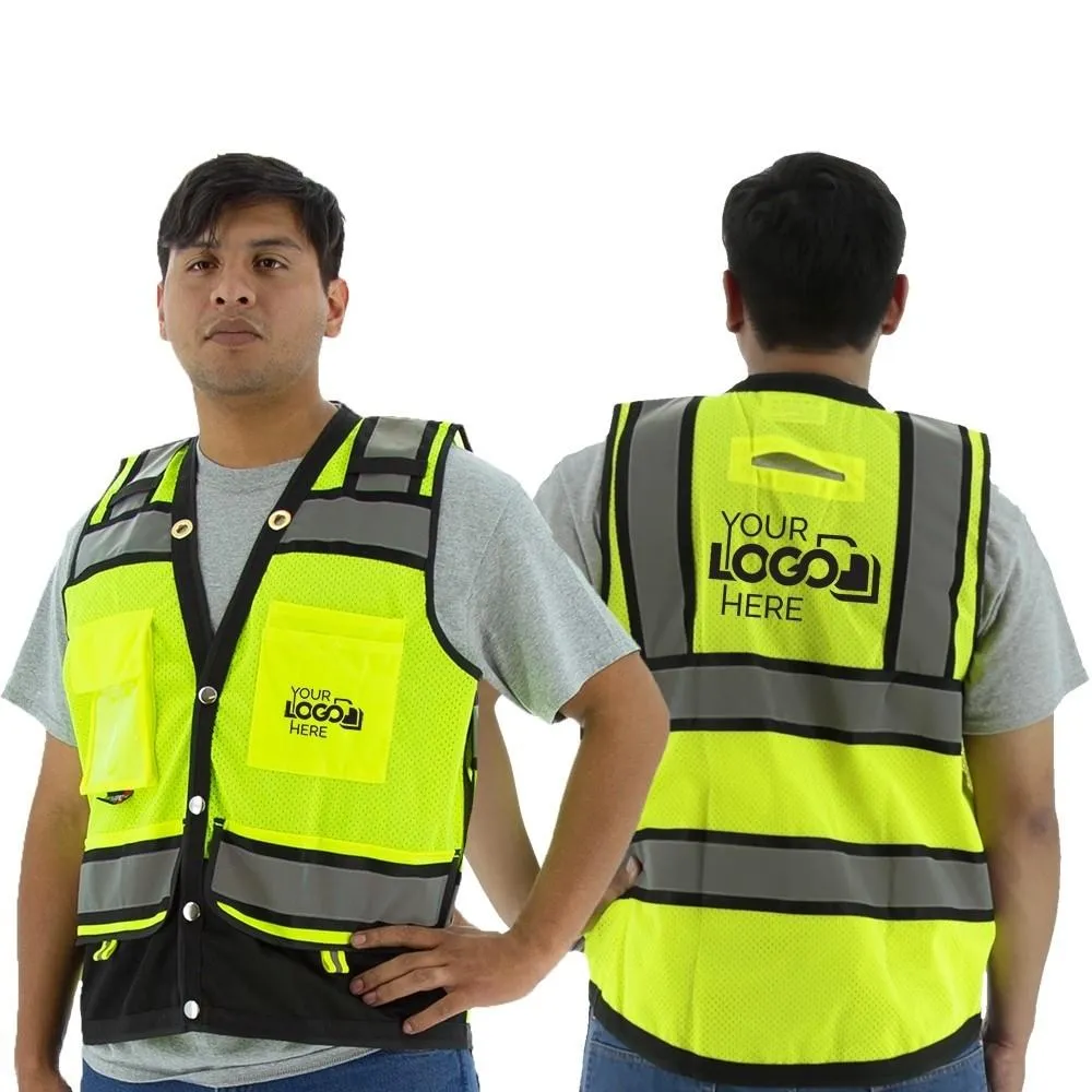 Hi Vis Heavy Duty Surveyor's Mesh Vest - ANSI 2. Type R. Snaps Close