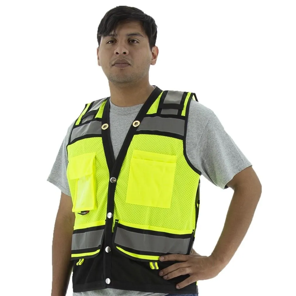 Hi Vis Heavy Duty Surveyor's Mesh Vest - ANSI 2. Type R. Snaps Close
