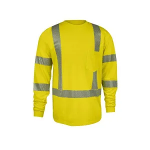 Hi-Vis Long Sleeve T-Shirt - Pocket. Fire (FR) and Arc Flash Resistant. 2 in. Silver Segmented Reflective Trim. Type R Class 3-National Safety Apparel