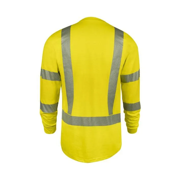 Hi-Vis Long Sleeve T-Shirt - Pocket. Fire (FR) and Arc Flash Resistant. 2 in. Silver Segmented Reflective Trim. Type R Class 3-National Safety Apparel