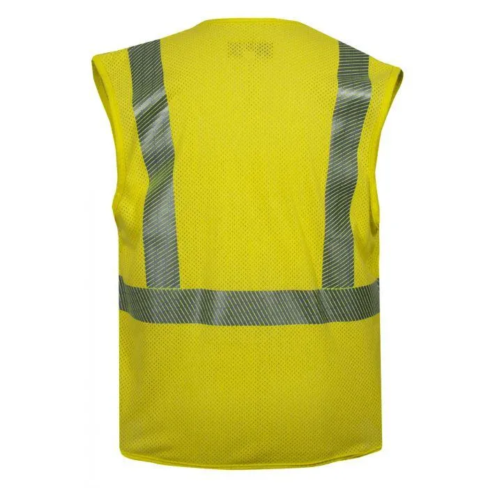 Hi-Vis Mesh Safety Vest - Fire (FR) and Arc Flash Resistant. Silver Segmented Reflective Trim.  Chest Pocket. Type R Class 2 - National Safety Apparel