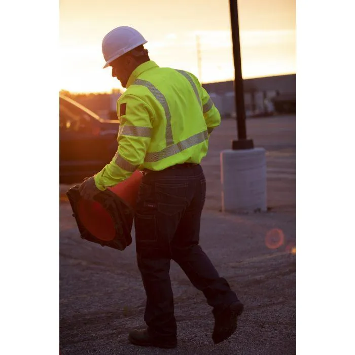 Hi-Vis Utility Work Shirt - Fire (FR) and Arc Flash Resistant. Pockets. 2 in. Silver Segmented Reflective Trim. Type R Class 3 - National Safety Apparel