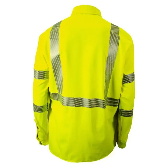 Hi-Vis Utility Work Shirt - Fire (FR) and Arc Flash Resistant. Pockets. 2 in. Silver Segmented Reflective Trim. Type R Class 3 - National Safety Apparel