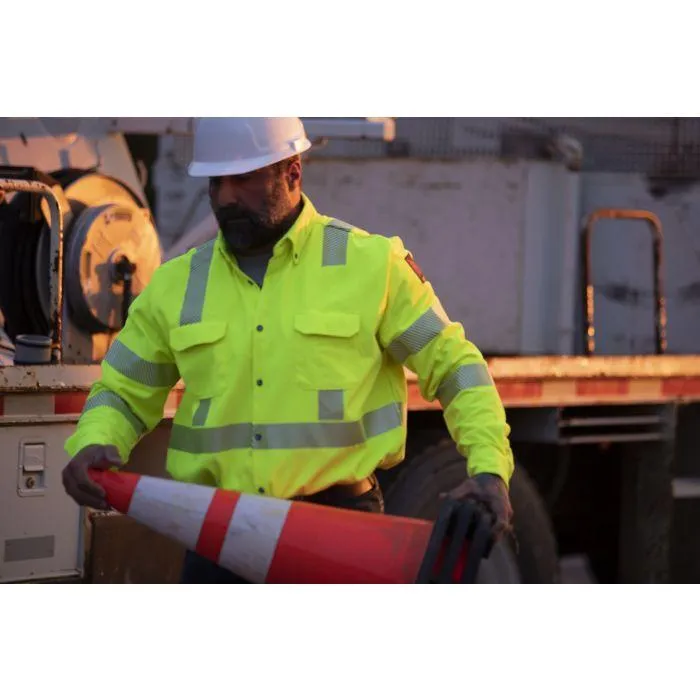 Hi-Vis Utility Work Shirt - Fire (FR) and Arc Flash Resistant. Pockets. 2 in. Silver Segmented Reflective Trim. Type R Class 3 - National Safety Apparel