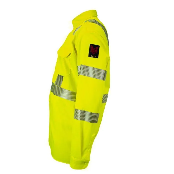 Hi-Vis Utility Work Shirt - Fire (FR) and Arc Flash Resistant. Pockets. 2 in. Silver Segmented Reflective Trim. Type R Class 3 - National Safety Apparel