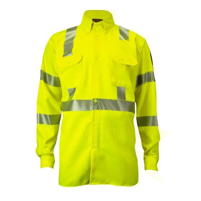 Hi-Vis Utility Work Shirt - Fire (FR) and Arc Flash Resistant. Pockets. 2 in. Silver Segmented Reflective Trim. Type R Class 3 - National Safety Apparel