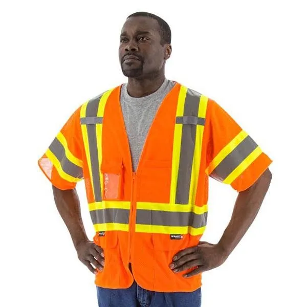High Visibility Mesh Safety Vest - ANSI 3. DOT Striping. Zipper Close