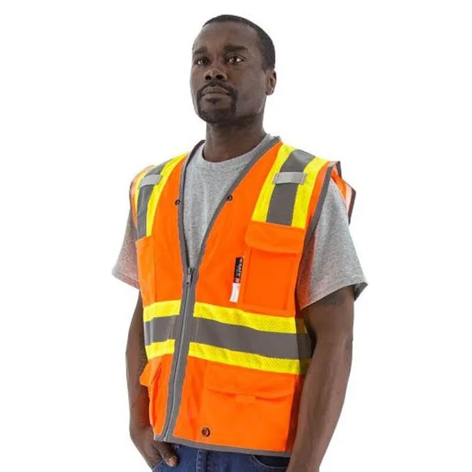 High Visibility Mesh Safety Vest - D-Ring Pass Through. ANSI 2. 2-Tone DOT Striping. Zipper Close