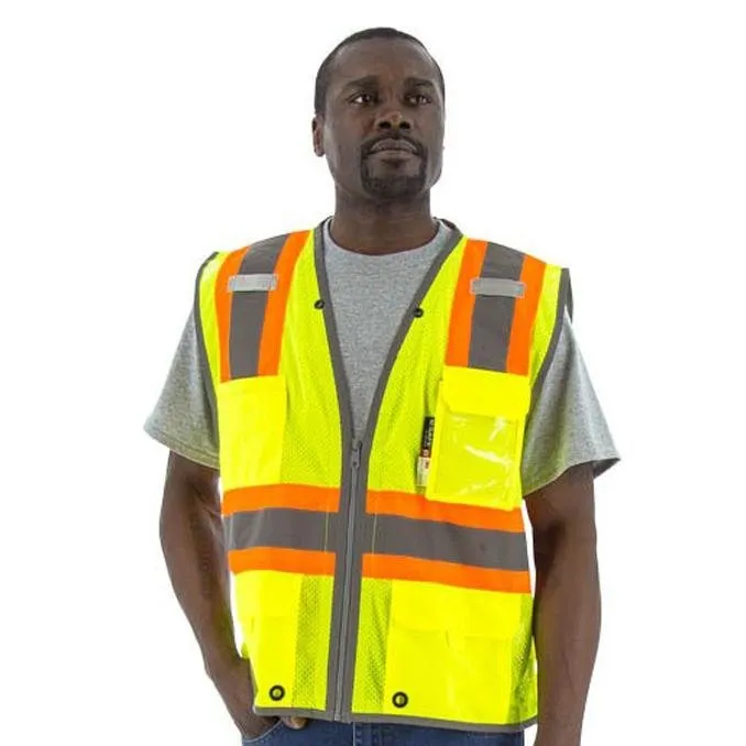 High Visibility Mesh Safety Vest - D-Ring Pass Through. ANSI 2. 2-Tone DOT Striping. Zipper Close