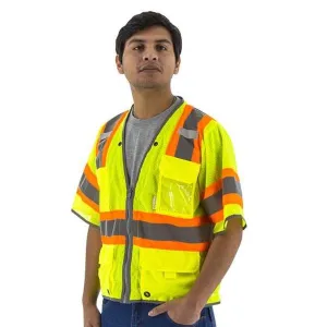 High Visibility Yellow Mesh Safety Vest - ANSI 3. DOT Striping. D-Ring Pass. Zipper Close
