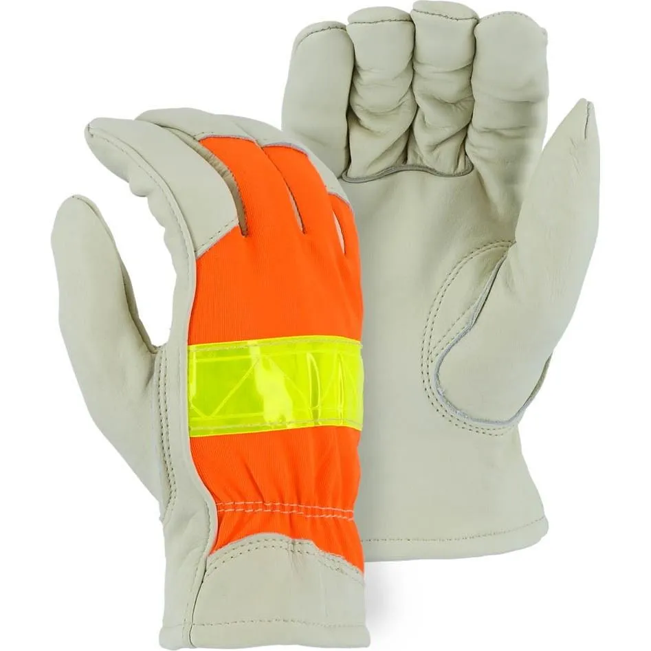 Leather Drivers Glove - A-Grade Cowhide Palm. Winter Lined. Keystone Thumb. 3M Reflective High Visibility. Majestic (PK 12 Pairs)