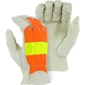 Leather Drivers Glove - A-Grade Cowhide Palm. Winter Lined. Keystone Thumb. 3M Reflective High Visibility. Majestic (PK 12 Pairs)