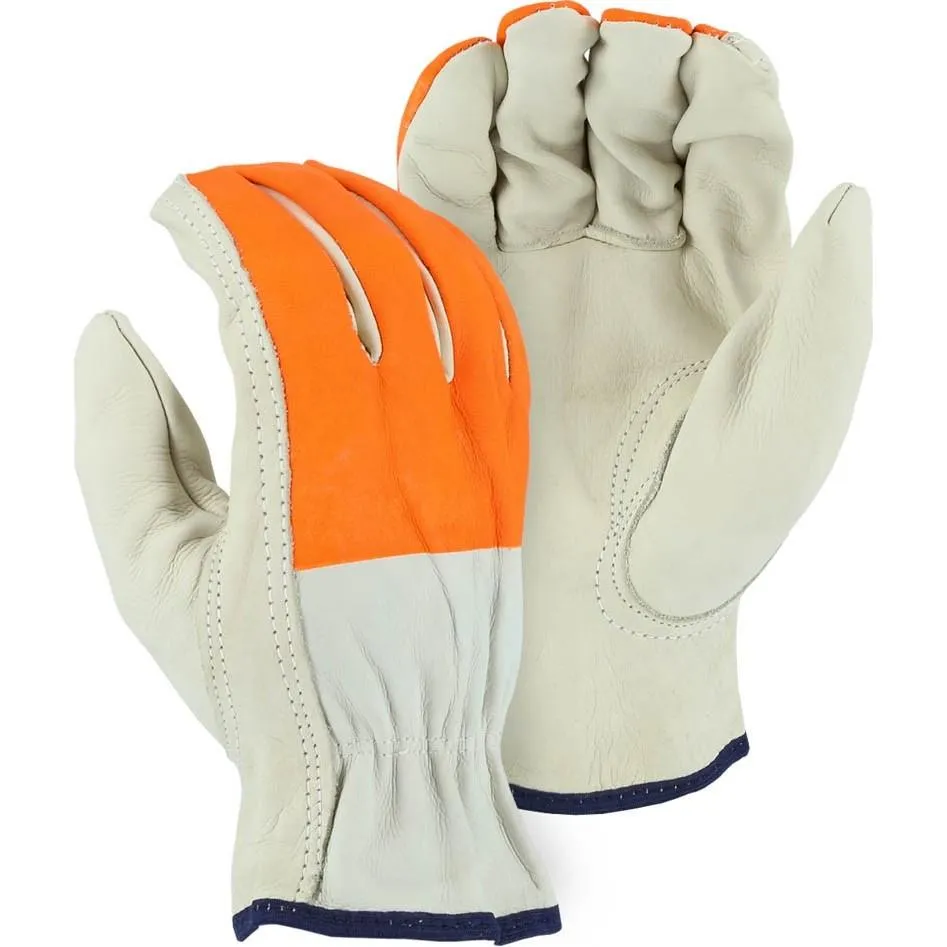 Leather Drivers Glove - BC-Grade Cowhide. Keystone Thumb. High Visibility Print Fingers. Majestic (PK 12 Pairs)