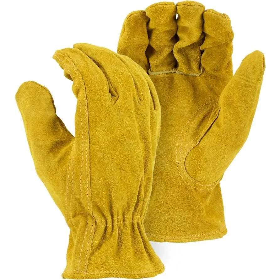 Leather Drivers Glove - Gold Shoulder Split Cowhide. Keystone Thumb. Shirred Back. Majestic (PK 12 Pairs)