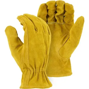 Leather Drivers Glove - Gold Shoulder Split Cowhide. Keystone Thumb. Shirred Back. Majestic (PK 12 Pairs)