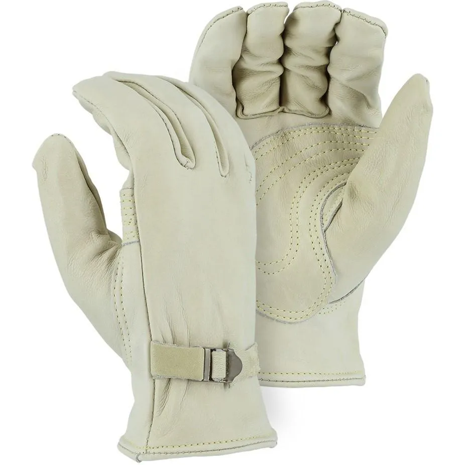 Leather Drivers Glove - Kevlar Sewn AB-Grade Cowhide Double Palm. Keystone Thumb. Metal Buckle Wrist Strap. Majestic (PK 12 Pairs)