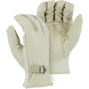 Leather Drivers Glove - Kevlar Sewn AB-Grade Cowhide Double Palm. Keystone Thumb. Metal Buckle Wrist Strap. Majestic (PK 12 Pairs)