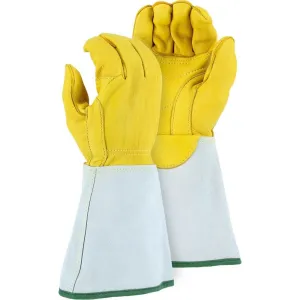 Leather Lineman's Gauntlet Glove - Top Grain Elkskin Sewn with Kevlar . Waterproof. Double Reinforced Palm. Straight Thumb. Majestic (PK 12 Pairs)
