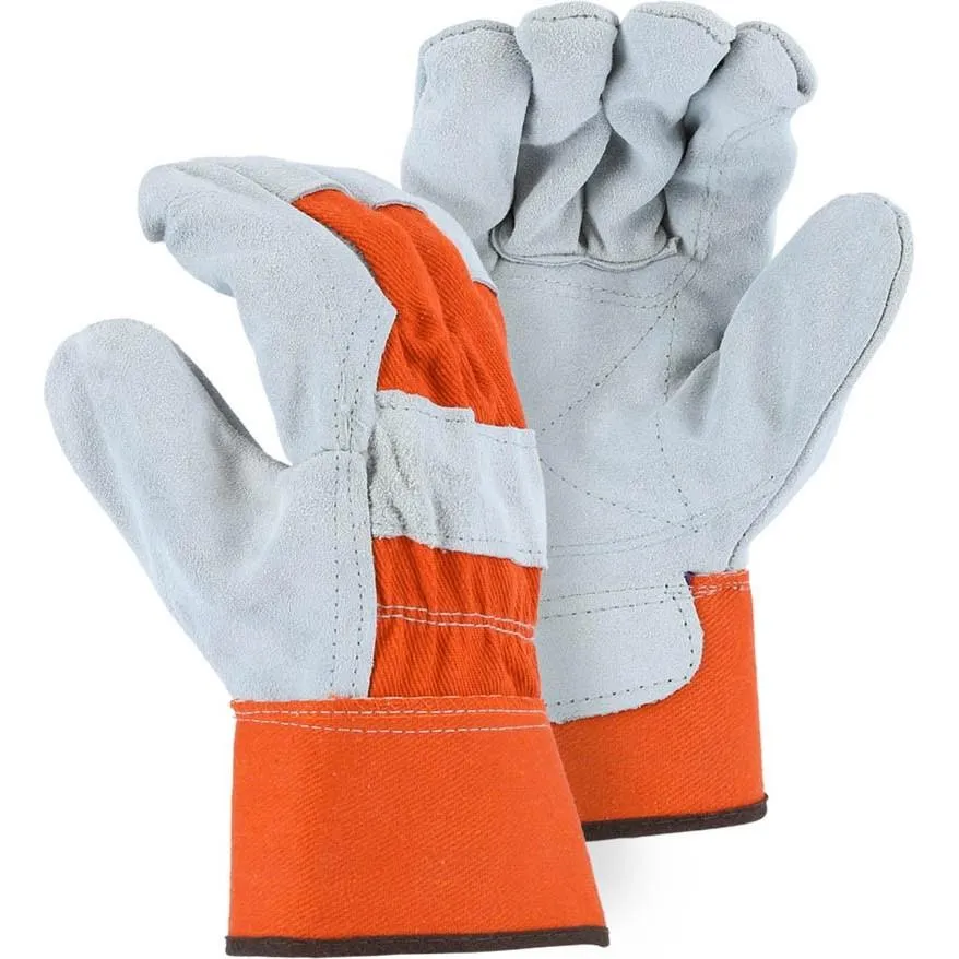Leather Palm Glove - Premium Split Cowhide Double Palm. High Visibility. Gunn Cut. Wing Thumb. Rubberized Safety Cuff. Majestic (PK 12 Pairs)
