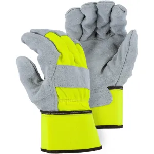 Leather Palm Glove - Premium Split Cowhide Double Palm. High Visibility. Gunn Cut. Wing Thumb. Rubberized Safety Cuff. Majestic (PK 12 Pairs)