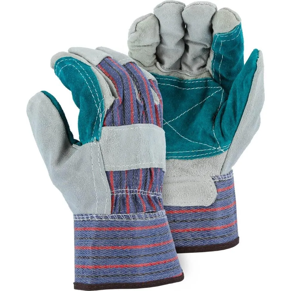 Leather Palm Glove - Select Shoulder Split Cowhide Double Palm. Wing Thumb. Gauntlet Cuff. Majestic (PK 12 Pairs)