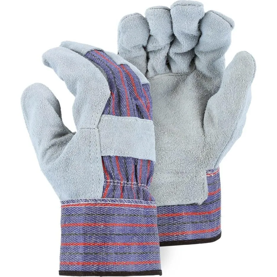Leather Palm Glove - Split Cowhide. Wing Thumb. Heavy Polyethylene Safety Cuff. Washable. Majestic (PK 12 Pairs)