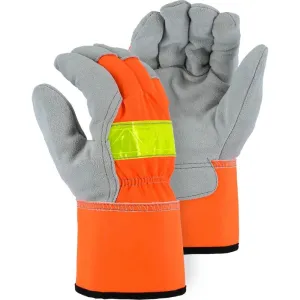 Leather Palm Glove - Split Cowhide. Winter Lined. 3M Reflective High Visibility. Wing Thumb. Safety Cuff (PK 12 Pairs)