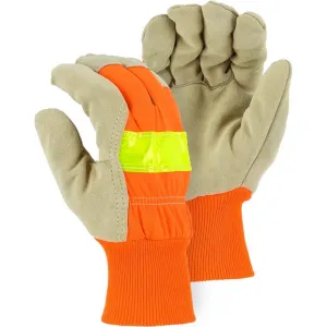 Leather Palm Glove - Split Pigskin. Winter Lined. 3M Reflective High Visibility. Knit Wrist. Majestic (PK 12 Pairs)