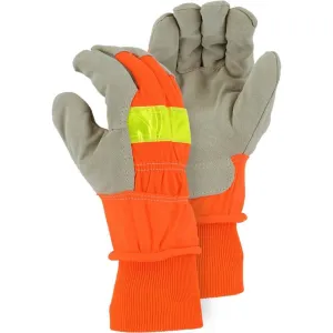 Leather Palm Glove - Split Pigskin. Winter Lined. 3M Reflective High Visibility. Safety Cuff. Majestic (PK 12 Pairs)