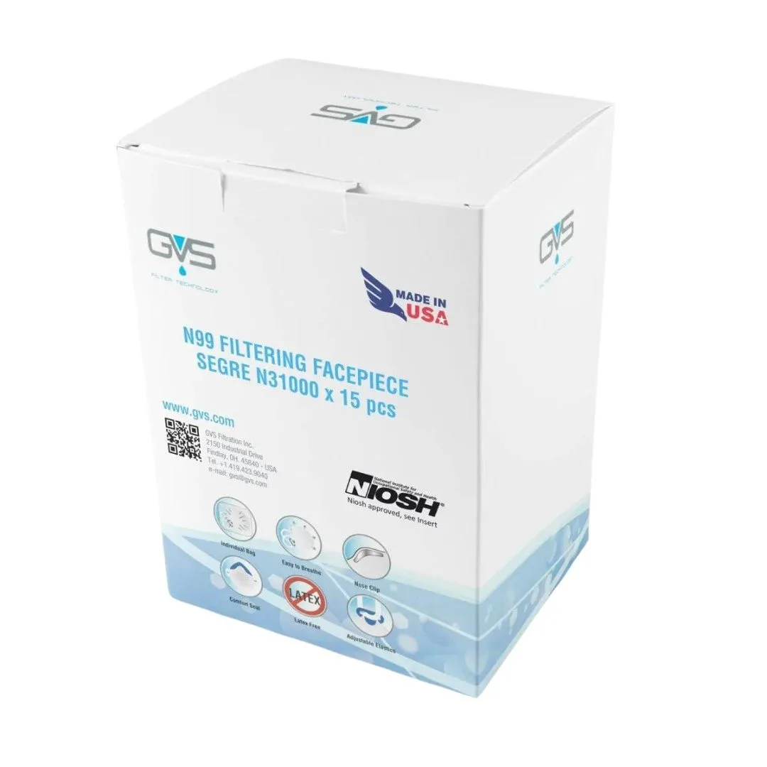 N99 Respirators (Box of 15 Respirators) - Segre N31000. GVS Filter
