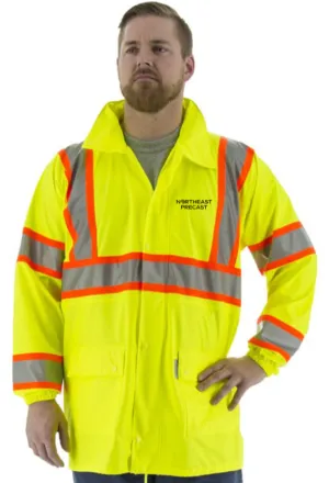 Northeast Precast Logo - High Visibility Waterproof Rain Jacket - Standard Length. ANSI 3. DOT Striping. Hi Vis Yellow