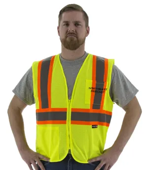 Northeast Precast Logo - High Visibility Yellow Mesh Safety Vest - ANSI 2. DOT Striping. Zipper Close