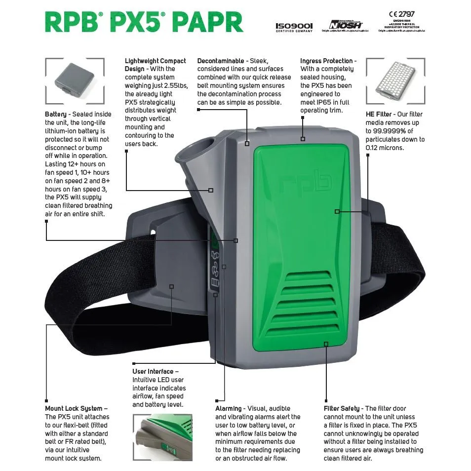 RPB PX5 PAPR - Variable Speed Battery Powered Air Purifying Respirator - HEPA Filtered Breathing Air Supply
