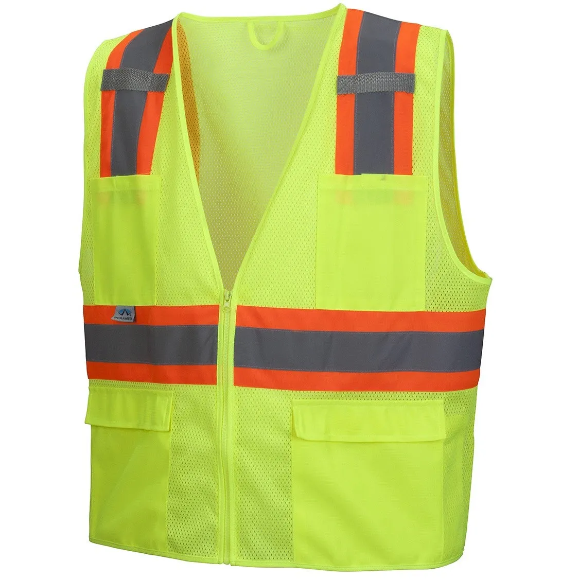 RVZ23 Hi Vis Mesh Vest - ANSI 2. Type R. Contrasting Trim. 6 Pockets. Zipper