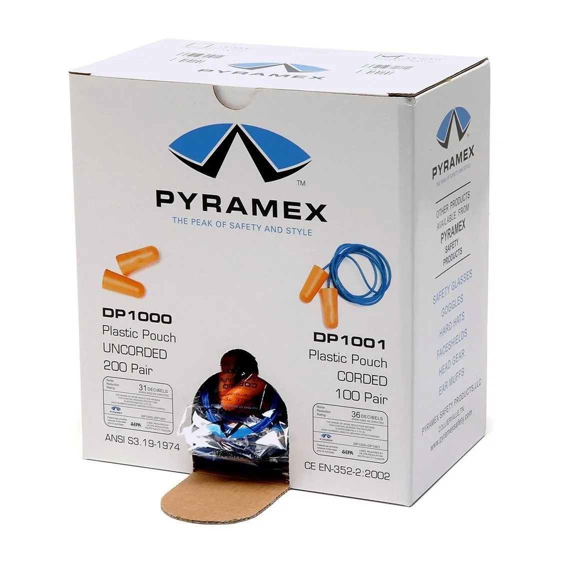 Tapered Earplugs in Dispenser Box (100 Pairs) - Disposable. Corded. NRR31dB  - Pyramex